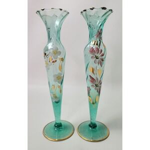 Vintage Teal Glass Bud Vases Pair Hand Painted Floral Gold Leaf Swirl Optic 8.5"